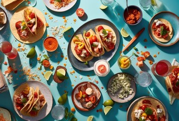 Mexican food top view. Tacos, burritos, guacamole, tacos with meat, vegetables and salsa on blue background. Created with Generative AI tools