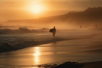 Silhouette of a surfer in the sea at dawn. AI generated, human enhanced
