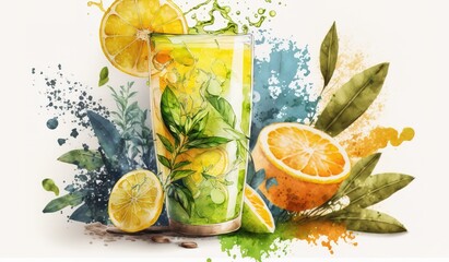 Image of Refreshing lemonade with lemon, lime, and orange, seen from the front. Generative AI printed on Printed Glass Splashbacks