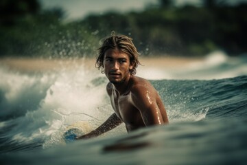 Fototapeta na wymiar Surfer in the splashes of the sea wave. Young sports man. AI generated, human enhanced
