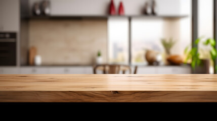 Fototapeta na wymiar Wooden table top on blur kitchen room background,Modern Contemporary kitchen room interior.