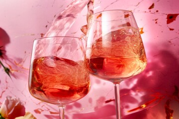 Two glasses of rose wine on pink background, close-up. Created with Generative AI tools