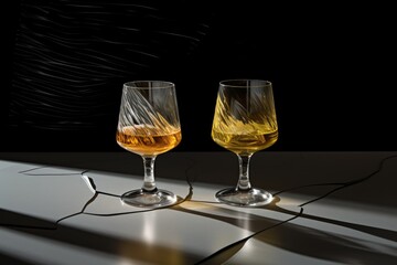 Two glasses on black background, close up. Created with Generative AI tools
