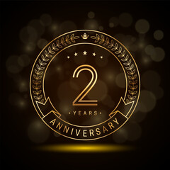 2nd anniversary logo with golden laurel wreath and double line numbers, template design for anniversary celebration event, double line style vector design