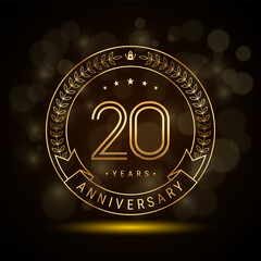 20th anniversary logo with golden laurel wreath and double line numbers, template design for anniversary celebration event, double line style vector design