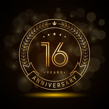 16th anniversary logo with golden laurel wreath and double line numbers, template design for anniversary celebration event, double line style vector design