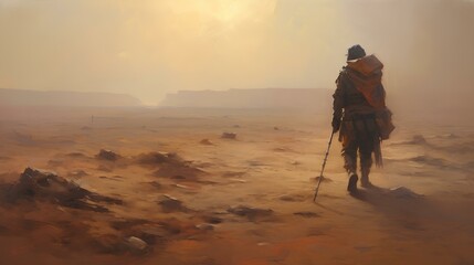 an extinct world. a solitary wanderer wandering the wasteland. concept art for game. generative AI - obrazy, fototapety, plakaty
