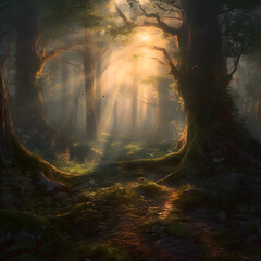 Fototapeta na wymiar A captivating forest clearing at dusk. Generative AI.