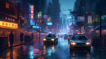 A bustling city street at night. Generative AI.
