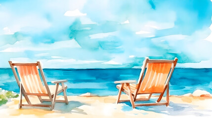 Fototapeta na wymiar lounge chairs on the beach, watercolor summer background with space for text, Generative AI, 