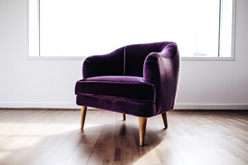 On a white background, an art deco styled armchair in purple velvet with wooden legs is clipped. many furniture types. Generative AI