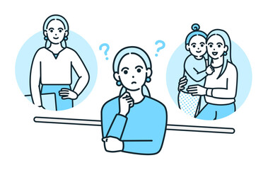 キャリア優先で働くか子育て優先で仕事量を抑えるか悩む女性。