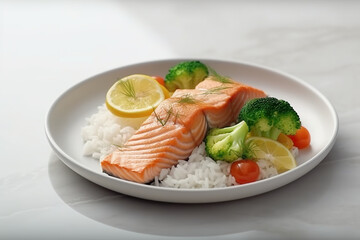 A white plate topped with rice, broccoli and salmon. Generative AI.