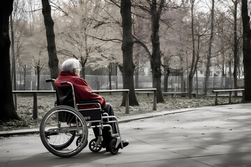 Naklejka premium Lonely senior citizen woman in wheelchair in a park. Generative AI.