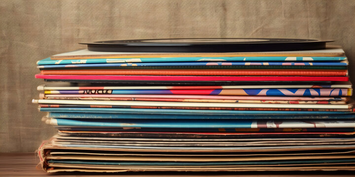 A stack of LP vinyl records sitting on top of a wooden table Generative Ai