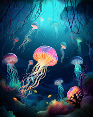 Obraz na płótnie Canvas A group of jellyfish floating in the ocean vector style illustration Generative Ai