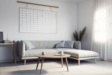 On the wall over a straightforward sofa, there are two empty white spiral calendars. Interior mockup, with an example. Generative AI