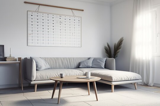 On the wall over a straightforward sofa, there are two empty white spiral calendars. Interior mockup, with an example. Generative AI
