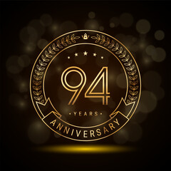 94th anniversary logo with golden laurel wreath and double line numbers, template design for anniversary celebration event, double line style vector design