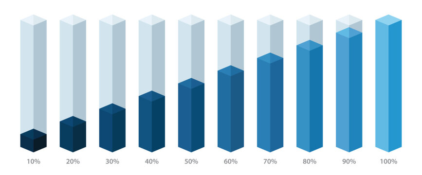 Blue gradient slim chart bars template, 10% to 100% number text. Flat design interface illustration inforchart infographic elements for app ui ux web banner button vector isolated on white background