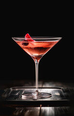 Elegent red cosmopolitan drink on a dark wood tray created with Generative AI technology
