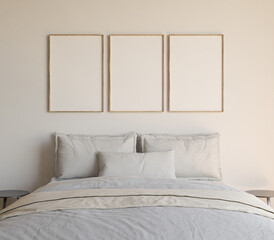 Set of 3 wooden thin frame mockups, 3 frames on the wall in the bedroom, empty poster mockup design.