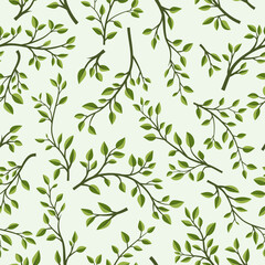 Vector Seamless Pattern with Tree Brunches. Flat Cartoon Twig with Green Leaves on White Background. Spring, Summer Design - Leaves, Brunches, Plants, Herbs. Vector Illustration