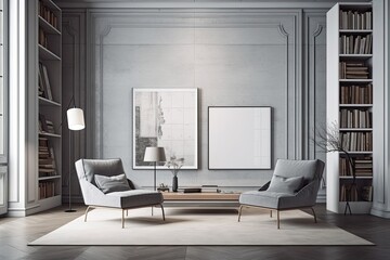 Obraz premium On the internal wall of the living room, a mock up empty frame poster depicts a library and two chairs. The idea of reading. Generative AI