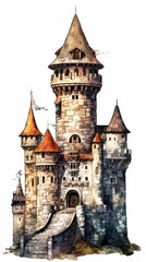 Fototapeta premium A medieval fantasy castle in an illustrated hand-drawn style, children's story book image, fairy tales, isolated on white, generative ai 