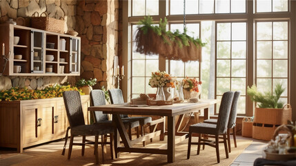 Obraz premium Generative AI, Rustic Dining Room Design Inspired by Nature