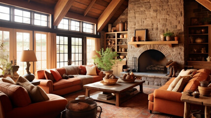 Fototapeta premium Generative AI, Rustic Living Room with Natural Materials and Warm Colors