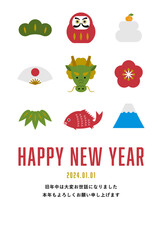 年賀状テンプレート／縁起物アイコン　辰年版／HAPPY NEW YEAR（カラー）
