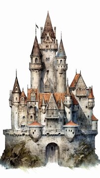 A medieval fantasy castle in an illustrated hand-drawn style, children's story book image, fairy tales, isolated on white, generative ai
