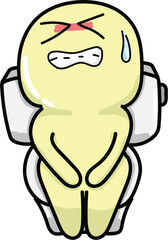 the cute character on the toilet has a stomach ache with a pained expression
