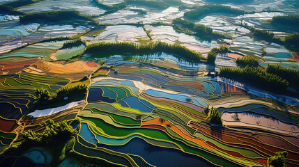 Aerial view of green rice paddy field farming cultivation in agricultural land