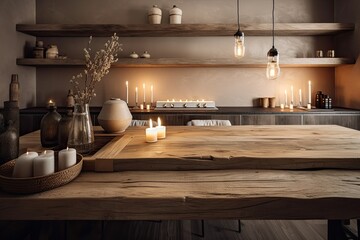 Fototapeta na wymiar Over a cozy kitchen island and dining table with seats, vintage wooden table top or shelf with candles and pebbles, and interior architecture. Generative AI