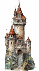 Fototapeta na wymiar A medieval fantasy castle in an illustrated hand-drawn style, children's story book image, fairy tales, isolated on white, generative ai 