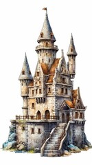 Obraz premium A medieval fantasy castle in an illustrated hand-drawn style, children's story book image, fairy tales, isolated on white, generative ai 