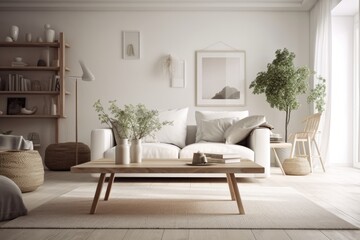 over a fuzzy country living room with a sofa, carpet, and coffee table, potted plants, white architecture interior design, a wooden table top or shelf with scented sticks bottles,. Generative AI