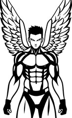 black and white of man and wing cartoon