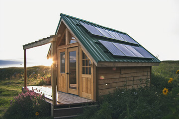 Fototapeta na wymiar A small wooden cabin with solar panels on a roof. Tiny house, generative AI.