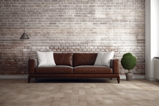 On a wooden parquet floor with a blank, white painted brick wall in the background, a dark brown leather sofa is displayed. Generative AI