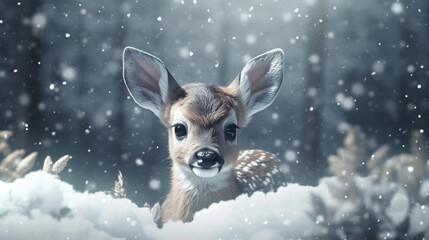 Fototapeta na wymiar Cute deer with snowfall