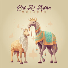 Illustration vector graphic of Eid al Adha with camels silhouette for islamic greeting background.