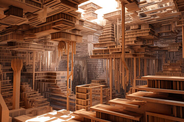 A room filled with lots of wooden books. Library of ancient wisdom. Generative AI.