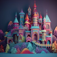 Fototapeta na wymiar Digital illustration of a vibrant colorful fantasy castle, medieval, fairy tale storybook paper craft style diorama. Made in part with generative ai. 