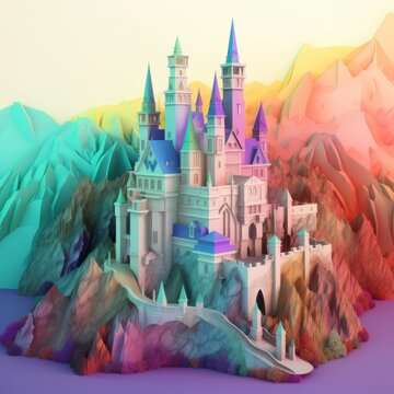 Digital illustration of a vibrant colorful fantasy castle, medieval, fairy tale storybook paper craft style diorama. Made in part with generative ai.
