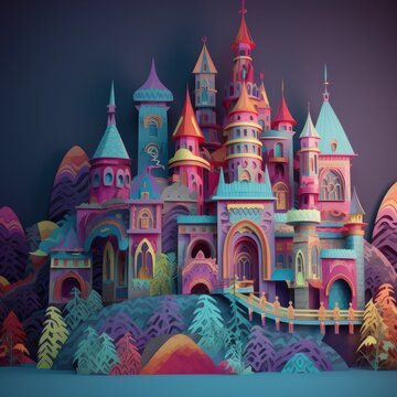 Digital Illustration Of A Vibrant Colorful Fantasy Castle, Medieval, Fairy Tale Storybook Paper Craft Style Diorama. Made In Part With Generative Ai.
