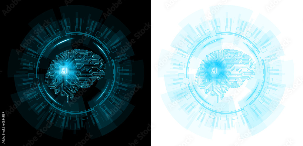 Poster artificial intelligence concept. circuit board with human brain in circle hud display futuristic tra