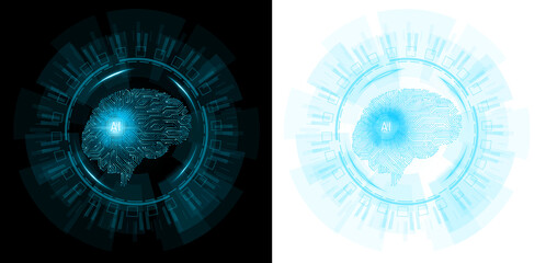 Artificial intelligence concept. Circuit board with human brain in circle hud display futuristic transparent background